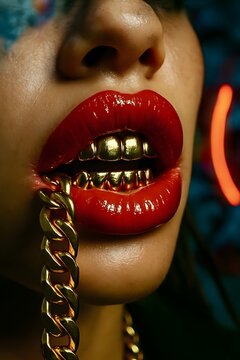 A close-up of a mouth with bright red lipstick, gold grills, and a chunky gold chain. The concept is hip-hop, luxurious, bold, and glamorous.