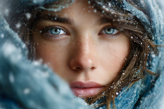 Winterliches Beauty-Portrait einer jungen Frau mit blauen Augen &ndash; ruhige, nat&uuml;rliche Stimmung