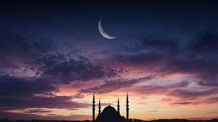 Muslim mosque silhouette and the moon in the night sky. Ramadan festive, islam religion. High quality photo