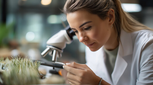 Female faceless scientist in modern laboratory conducting research on organic materials, using technology for analysis and discovery, defocused botanical investigation, natural spe