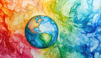 Earth day themed alcohol ink painting of Earth, using swirling colors to represent the interconnectedness of our world