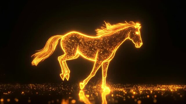 a golden horse made of glowing particles, running in the air, black background, high definition wallpaper 
