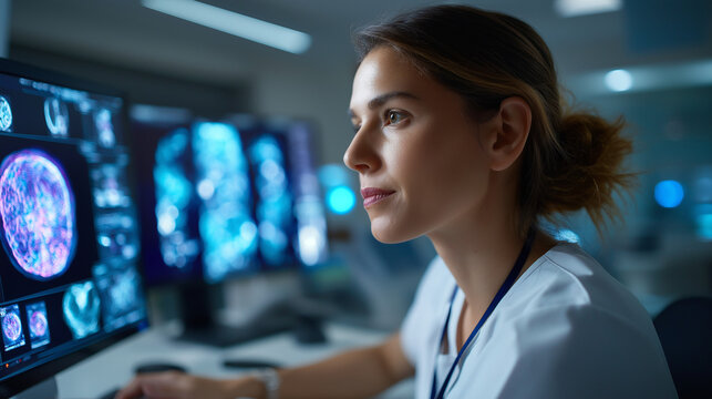 Medical faceless professionals conducting PET scan analysis in modern facility, defocused nuclear imaging evaluation, radiological investigation, diagnostic imaging work, clinical 