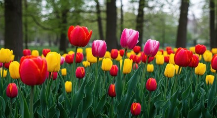 Obraz premium A peaceful outdoor scene showing vibrant red, yellow, and pink tulips swaying gracefully in the soft, invisible force of a refreshing spring wind ,garden, flower, colorful