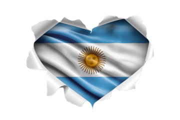 Heart shaped hole torn through paper, showing satin texture of flag of Argentina, cut out 
