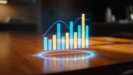 Holographic 3D Bar Chart Growing on Wooden Table Showing Business Growth and Financial Success - Powered by Adobe