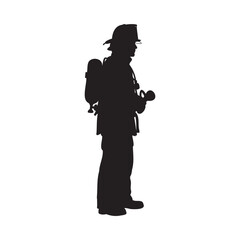 Silhouette of a person with a backpack and hat, side view