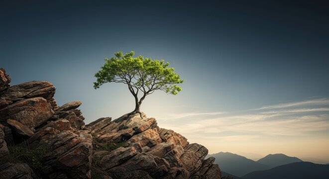 Resilient small tree growing high out of a harsh, weathered rock formation on a steep cliff edge, symbolizing tenacity and natural survival ,Tree, daylight, high