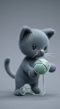 Un adorable gatito de punto sostiene un ovillo de lana verde.