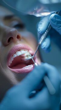 Primer plano de una boca abierta durante un examen dental, con un espejo dental en uso.