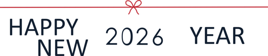 Happy New Year 2026 minimalist graphic design featuring elegant dark blue typography and a delicate red ribbon bow on a clean layout for festive celebrations and digital greetings