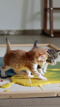 Dos gatitos juguetones se divierten en un caos de pintura.