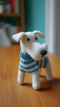 Un adorable perro de punto con un jersey azul y blanco posa sobre una mesa de madera.