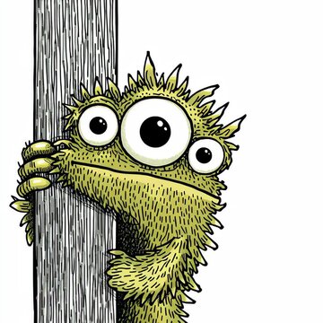 Un personaje verde y peludo asoma por detr&aacute;s de un tronco de &aacute;rbol, con una expresi&oacute;n de curiosidad.