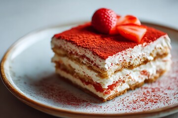 A decadent slice of strawberry tiramisu with fresh strawberries and cocoa dust on a rustic plate, symbolizing dessert, gourmet baking, italian cuisine, and indulgence.