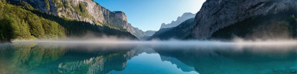 Fototapeta premium Breathtaking misty mountain lake reflection in serene morning light