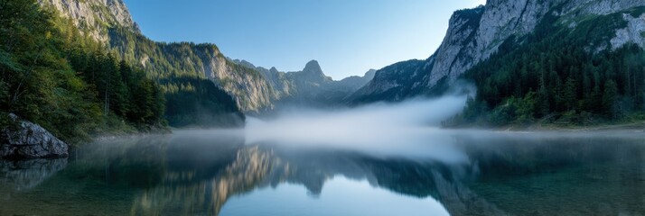 Serene alpine lake with mist and majestic mountains in dawn light