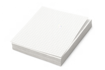 Stack of white grid paper sheets for notes and calculations, square graph paper notepad, transparent background