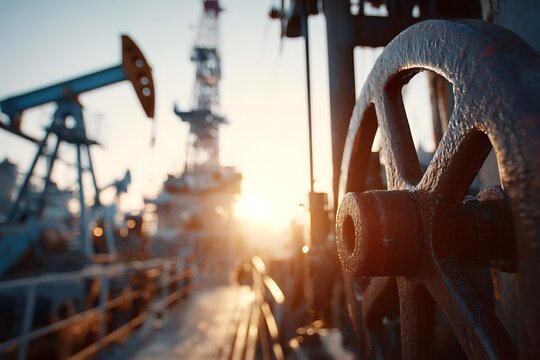 Close-up of a rusty industrial valve wheel with a blurred oil pumpjack and rig against a dramatic sunset, symbolizing crude oil, drilling, industry, and the energy crisis. - Powered by Adobe