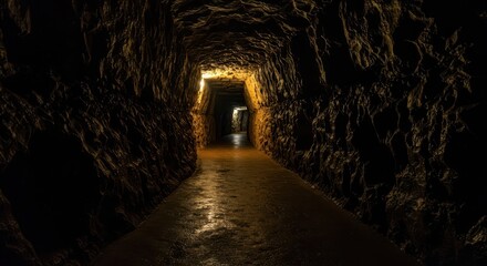 Obraz premium A dark, winding subterranean pathway leads deep into the earth, highlighting the rough rock walls and damp floor of an unexplored cavern ,wet ,passage ,cavern