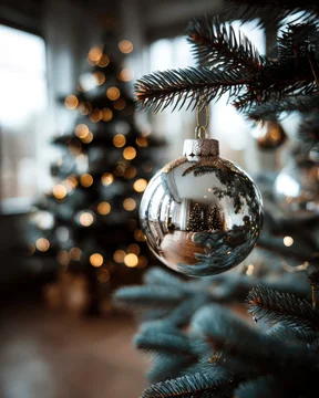 Warm room reflected in delicate glass bauble
