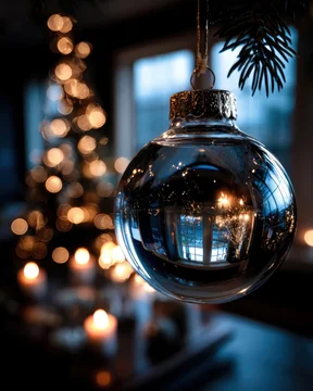 Glass bauble reflection with cozy holiday room