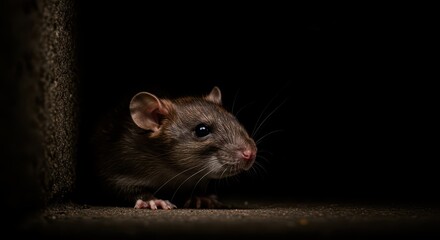 A small brown rat hides in the darkness, only its eyes visible, demonstrating silent nocturnal movement and urban survival skills ,basement ,brown ,peeking