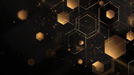Shapes in gold and black fill the space, showing hexagons and dots scattered across dark background. design can be used for various digital projects or prints