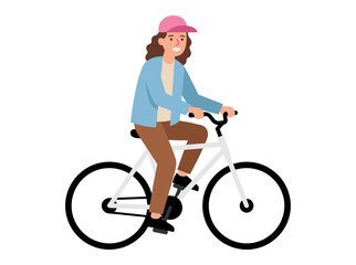 Fototapeta premium A cheerful young woman rides a bicycle, smiling as she pedals, depicted in a flat vector illustration on a white background