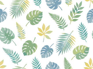 Fototapeta premium A Hawaiian seamless pattern featuring tropical foliage against a white backdrop, showcasing green leaves from exotic rainforest plants or trees, ideal for summer-themed wrapping paper or wallpaper