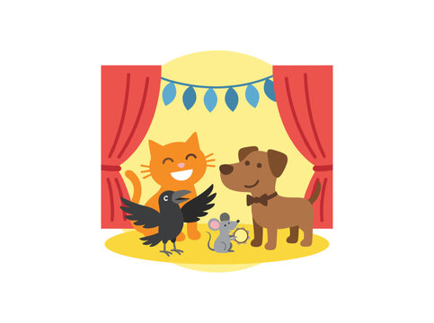 Hand puppets or animal figures controlled by a puppeteer on a theater stage, set against a white backdrop, offering an engaging children's performance and storytelling in a flat, colorful cartoon