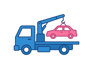 Naklejka premium A tow truck lifts a vehicle while a wrecker relocates a wrongly parked or damaged car; towing services help transport vehicles after road accidents or breakdowns, shown as a flat vector illustration
