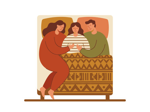 A flat vector illustration of a threesome featuring bisexual men and women in bed, depicting three lovers and partners engaging in group sex, intimate relationships, and intercourse within a