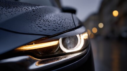Close up of modern car headlight with raindrops in rainy city street at night