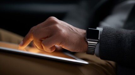 Close up of adult hand using digital tablet in dark room wearing smartwatch modern mobile technology and online communication concept