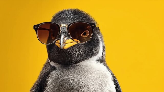 Penguin wearing stylish sunglasses against bright yellow background