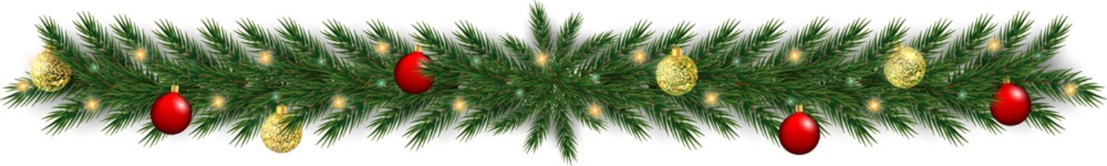 Christmas Garland with Pine Branches, Red and Gold Ornaments, and Glowing Lights on Transparent Background for Festive Decoration