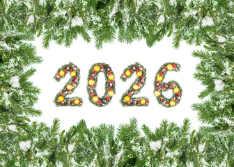 Christmas New Year 2026 Number Made with Evergreen Branches Surrounded by Holiday Pine Frame Decoration on a white background