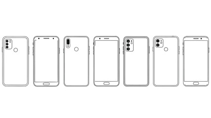 A diverse collection of smartphone outlines in line art style showing different models and features