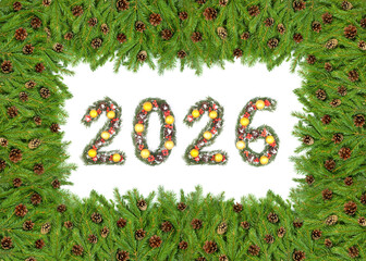 Christmas New Year 2026 Number Made with Evergreen Branches Surrounded by Holiday Pine Frame Decoration on a white background