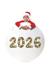 Boy dressed as Santa Claus holding Christmas poster with 2026 number made from evergreen branches on white background