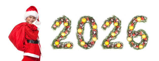Child Boy Dressed as Santa Claus Holding Sack Beside Christmas New Year 2026 Evergreen Branch Number Decoration on white background