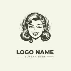 A stylized illustration of a woman's face with wavy hair and a logo name placeholder in a bold, graphic design style against a beige background.