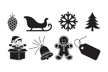 Collection of festive christmas icons in silhouette style