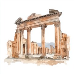 Roman ruins of Timgad. Roman ruins of Timgad hand drawn watercolor illustration on white background