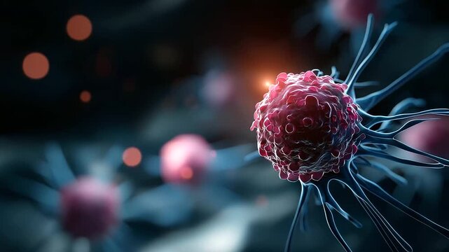 3D render of pink and blue cancer cell under magnification faceless cellular visualization slightly defocused background detailed cellular structure and texture oncology