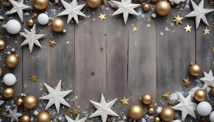 Festive Christmas border with gold and white ornaments and stars on rustic wood