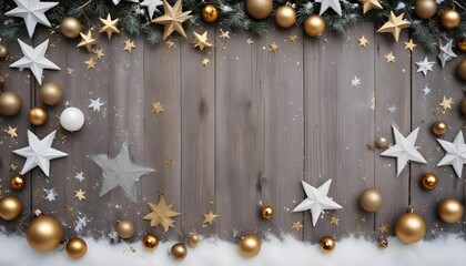 Elegant Christmas border with gold and white stars and ornaments on wood
