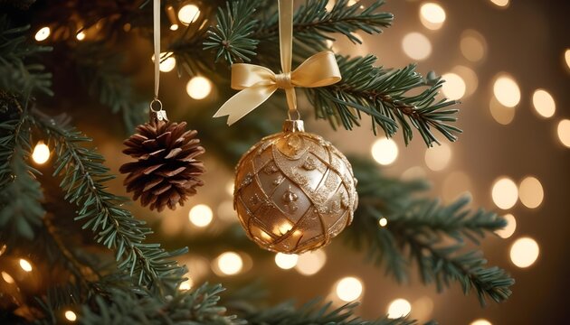 Elegant gold Christmas ornament and pine cone hanging on a fir tree with bokeh lights - Powered by Adobe