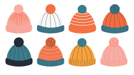 Winter knitted beanie hats collection featuring colorful cozy winter accessories, warm pom pom designs, seasonal fashion illustrations, and charming cold-weather cartoon elements